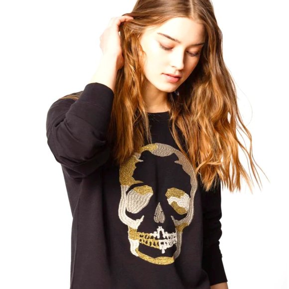 Zadig Voltaire💀NWT Zadig&Voltaire METALLIC SKULL SWEATSHIRT EMBROIDERED NAVY⚡ - Picture 1 of 12
